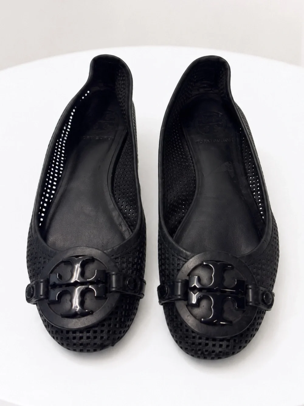 Tory Burch Black Perforated Logo Leather Ballet Flats Size 6